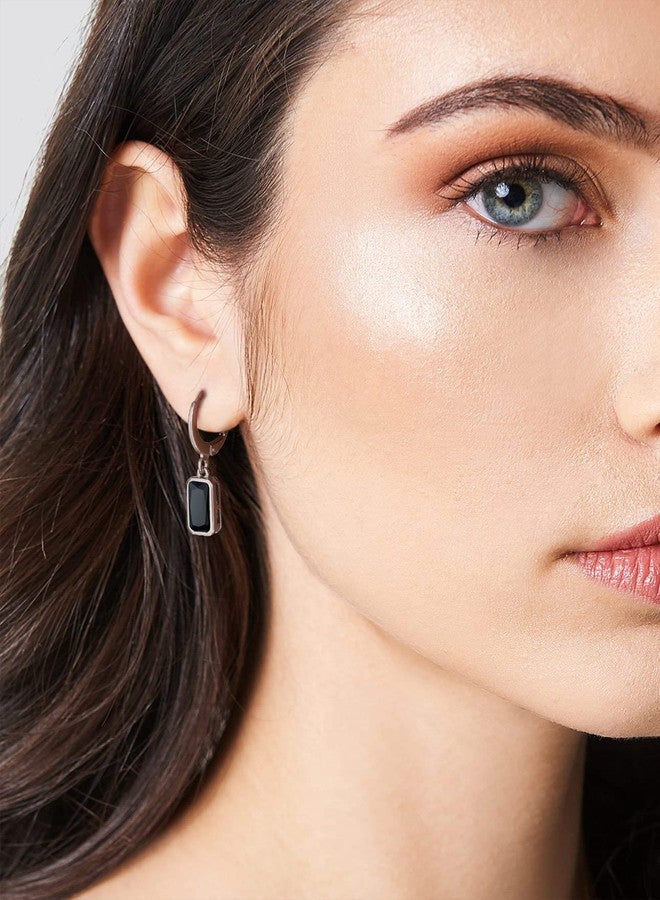 Bestyle Dainty Black Onxy Drop Earrings for Women - Rectangular Birthstone Dangle Earring with Hypoallergenic Silver Huggie Hoops - Trendy Black Baguette Dangle Hoop Earrings - Image 3